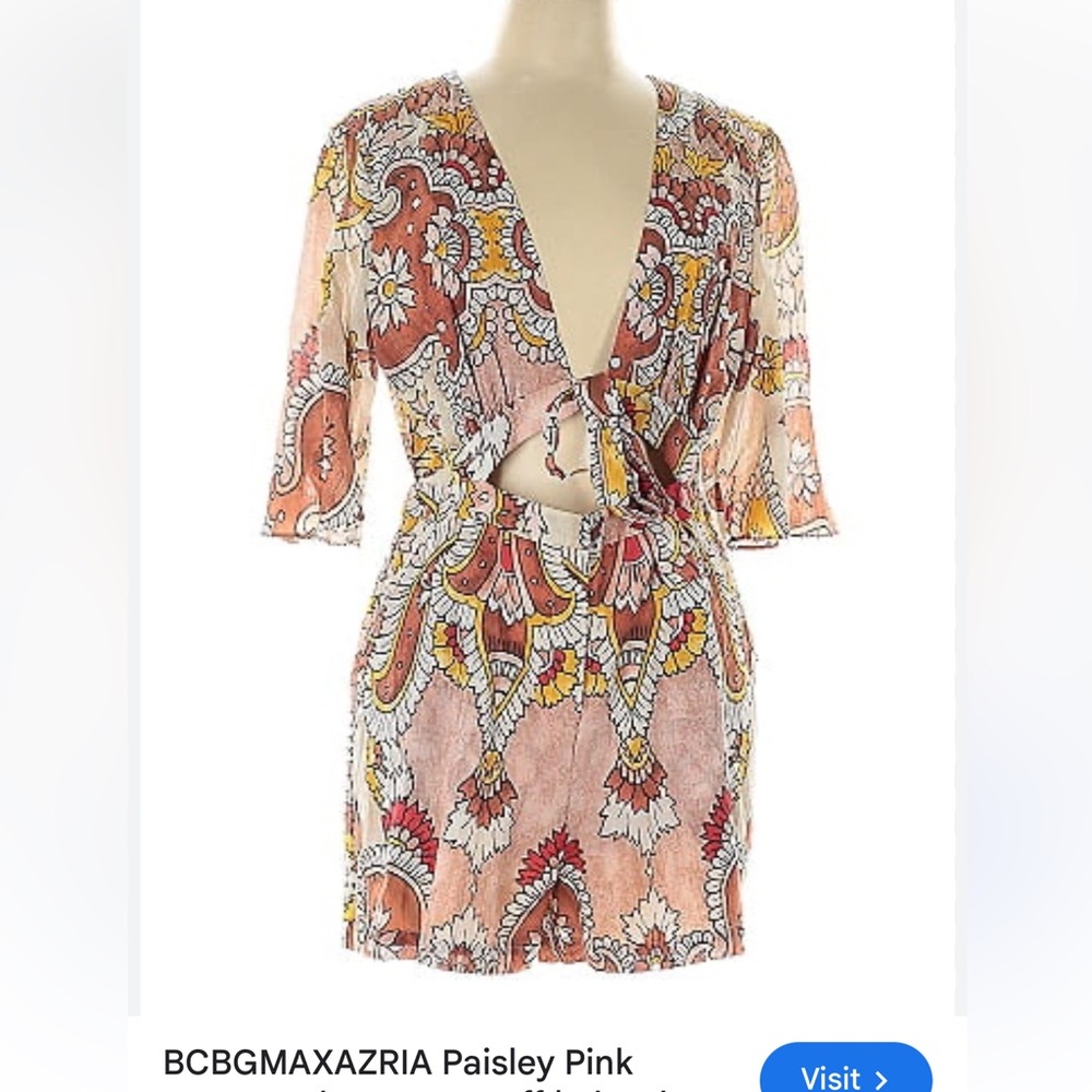 BCBGMaxAzria Pink Embellished Tie Front 3/4 Sleeve Shorts Romper | Sz M